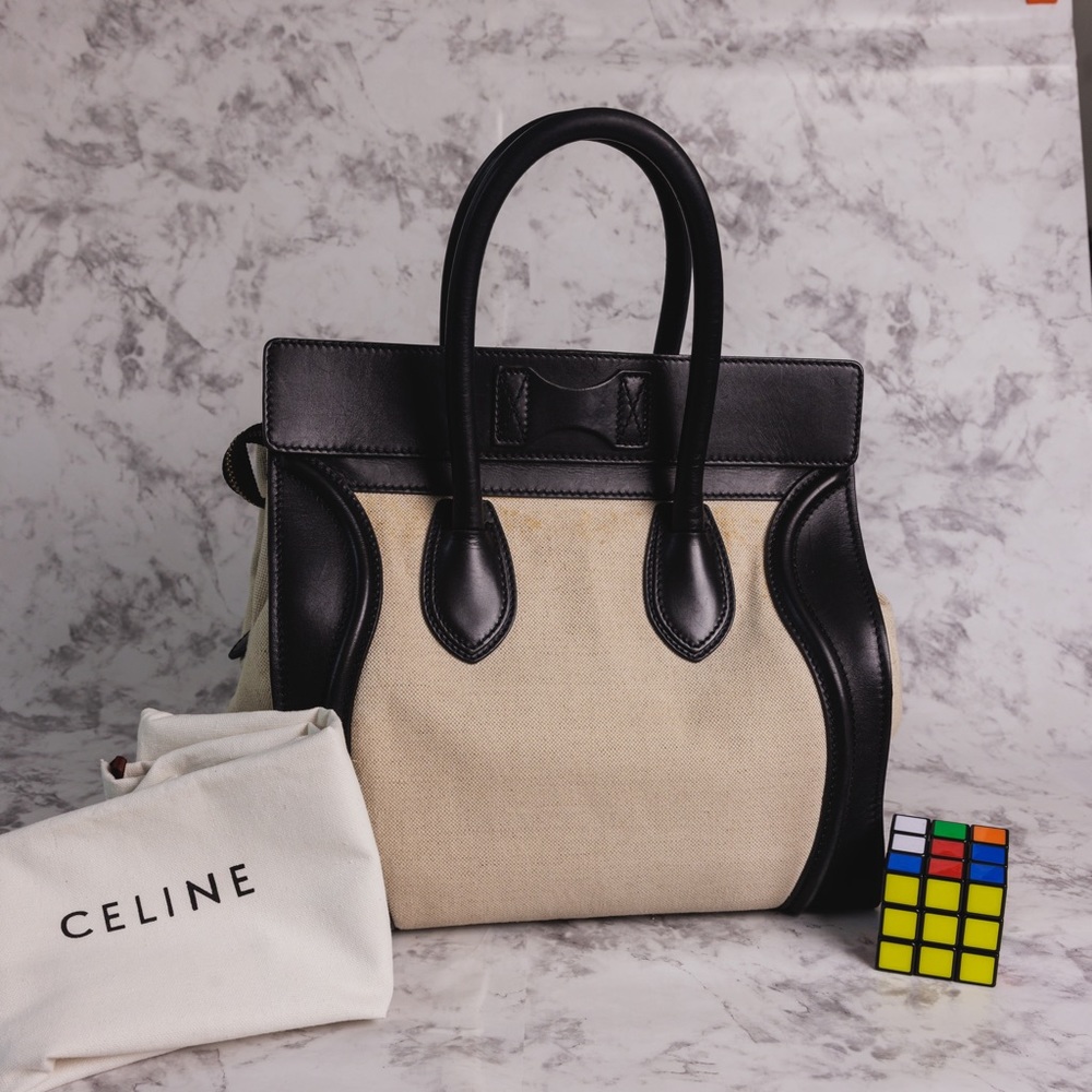 Celine Luggage Bicolor in Black Leather and Cream Canvas Medium - Picture 4 of 7